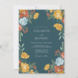 Teal Autumnal Floral Wedding Invitation