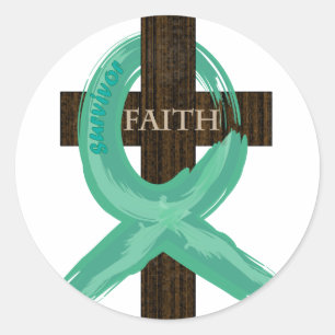 Teal Awareness Ribbon on Cross Classic Round Sticker