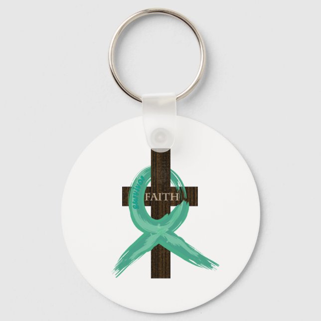Teal Awareness Ribbon on Cross Keychain (Front)