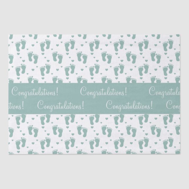 Teal Baby Footprints and Hearts Tissue Paper (Front)