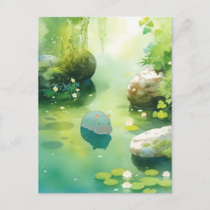 Teal Baby Hippo Swimming in Peaceful Green Pond Postcard