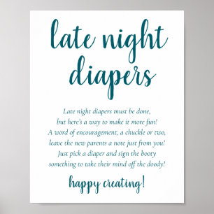 Teal Baby Shower Aqua Late Night Diapers Sign