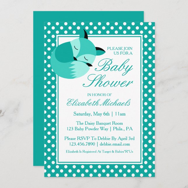 Teal Baby Shower Fox Invitation (Front/Back)