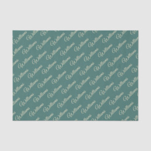Teal background with cream text tissue paper