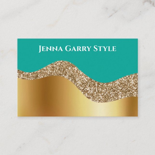 Teal Background with Gold and Glitter Business Card (Front)