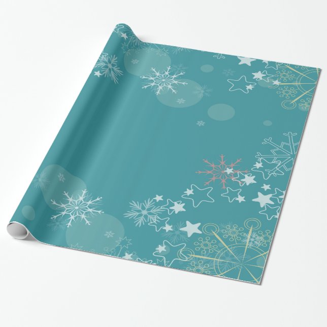 Teal Background with White Snowflakes Wrapping Paper (Unrolled)