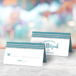 Teal Bar Mitzvah Silver Tallit Script Modern Bold Place Card<br><div class="desc">No Bar Mitzvah party is complete without personalized place cards. Let your favourite Bar Mitzvah be proud, rejoice and celebrate his milestone at his perfectly coordinated party. Bold, dusty teal blue green typography and a dusty teal blue green and silver glitter striped tallit inspired graphic overlay a simple, white background....</div>