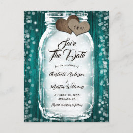 Teal Barn Wood String Lights Mason Jar Wedding Announcement Postcard