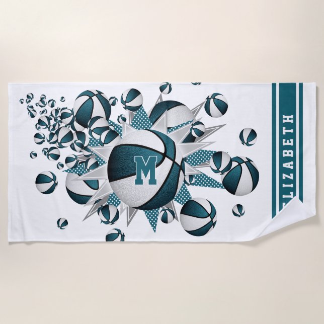teal basketballs stars girls monogrammed beach towel (Front)