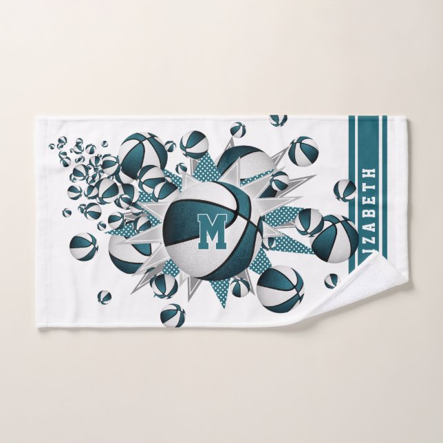 teal basketballs stars girls monogrammed hand towel (Hand Towel)