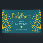 Teal Bat Mitzvah Gold Foil Script Tree of Life Banner<br><div class="desc">Be proud, rejoice and showcase this milestone of your favourite Bat Mitzvah! Hang up this stunning, modern, stylish, personalized banner to add to her special day. Sparkly, gold, faux foil calligraphy script, light pink typography, and two abstract, graphic, gold foil trees with sparkly turquoise, teal, purple and blue Star of...</div>