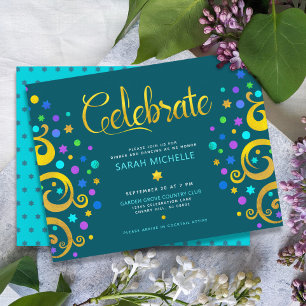 Teal Bat Mitzvah Gold Foil Tree of Life Modern Enclosure Card