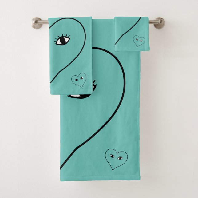 Teal Bathroom Abstract Art Heart Bath Towel Set (Insitu)
