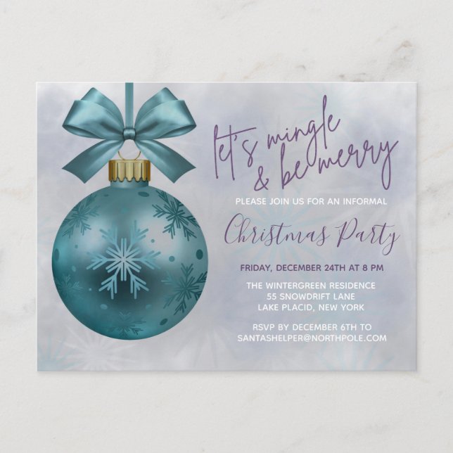 Teal Bauble Purple Glitter Script Christmas Party  Postcard (Front)