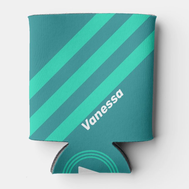 Teal Beach Breeze Stripes with Name Can Cooler (Front)