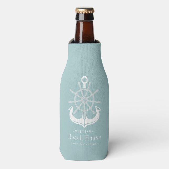 Teal Beach House Family Name Anchor Bottle Cooler (Bottle Front)