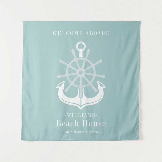 Teal Beach House Family Name Anchor Tapestry (Front)