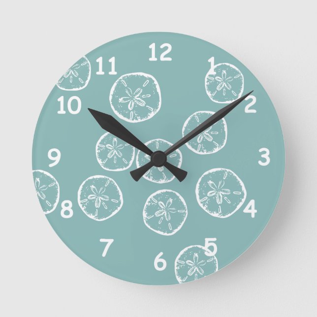 Teal beach house sand dollar shells small size round clock (Front)