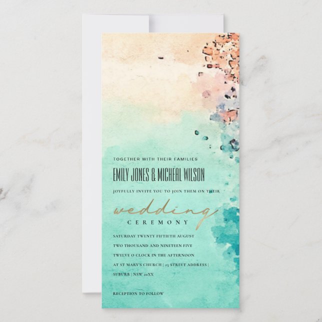 TEAL BEACH SAND ROCK WATERCOLOR WEDDING INVITE (Front)