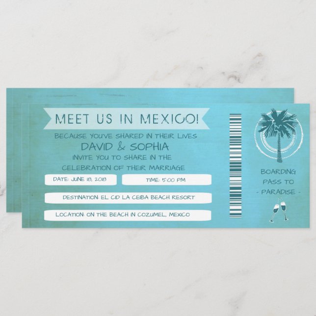 Teal Beach See You in Mexico Wedding Boarding Pass Invitation (Front/Back)