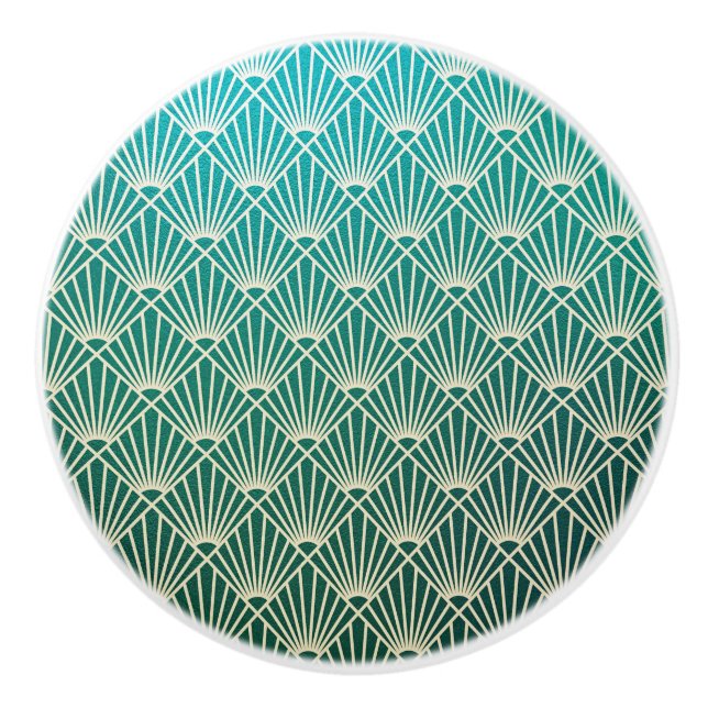 teal,beige,art nouveau,art deco, fan pattern,vinta ceramic knob (Front)