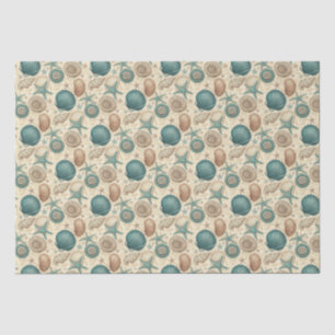Teal & Beige Beach Shells Pattern Decoupage Tissue Paper