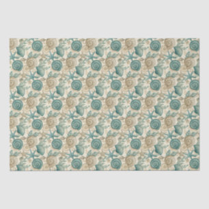 Teal & Beige Beach Shells Pattern Decoupage Tissue Paper