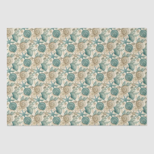 Teal & Beige Beach Shells Pattern Decoupage Tissue Paper (Front)