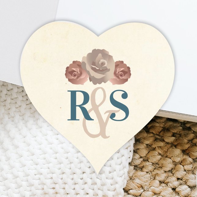 Teal, Beige, Dusty Pink Monogram Heart Sticker (Blush, Beige Roses Simple Monogram Wedding Heart Sticker, Couple's Initials, Party Favor Sticker)