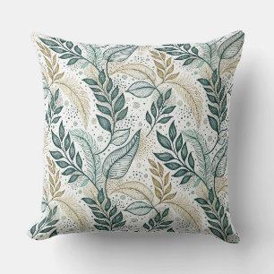 Teal & Beige Elegant Leaf Botanical Floral Pattern Throw Pillow