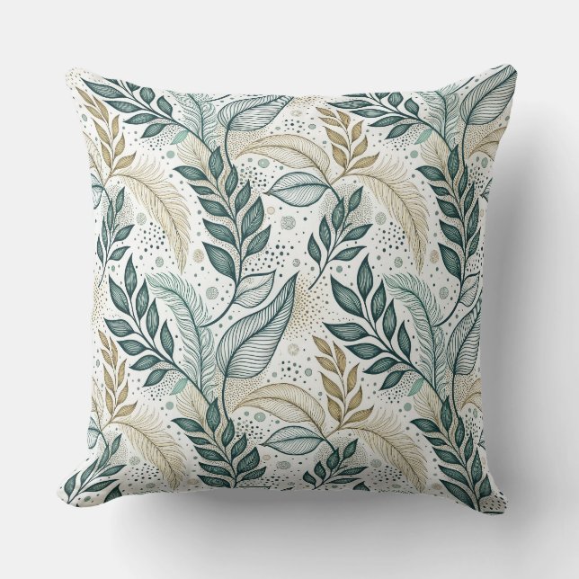 Teal & Beige Elegant Leaf Botanical Floral Pattern Throw Pillow (Front)