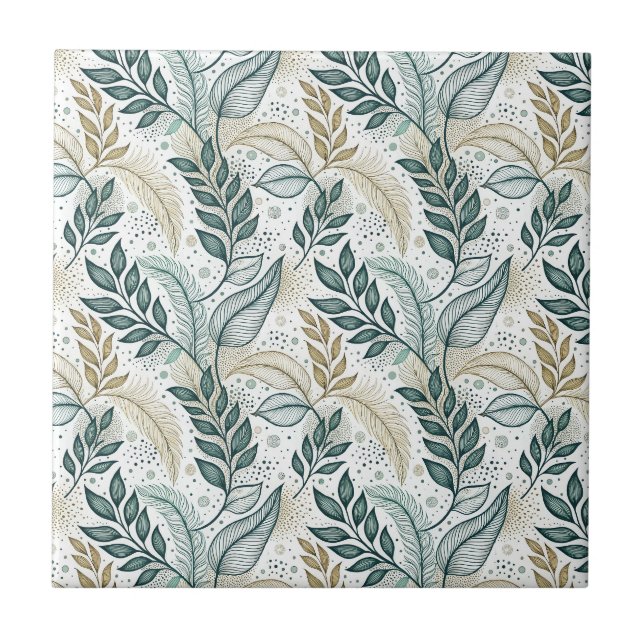 Teal & Beige Elegant Leaf Botanical Floral Pattern Tile (Front)