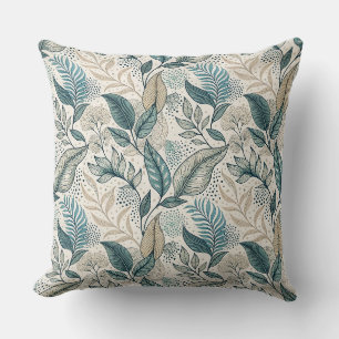 Teal & Beige Minimal Leaf Botanical Floral Pattern Throw Pillow