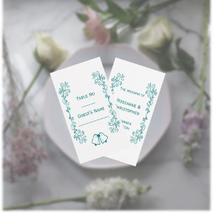 Teal Bells Scrollwork Design Wedding Place Card