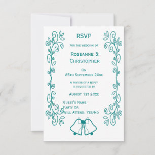 Teal Bells Scrollwork Design Wedding RSVP Card