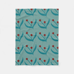 Teal Berries and Leaves Fleece Blanket