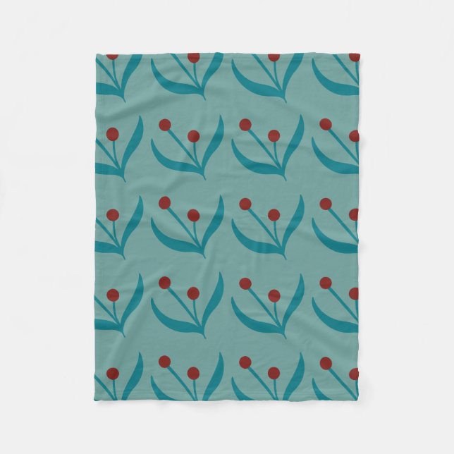 Teal Berries and Leaves Fleece Blanket (Front)