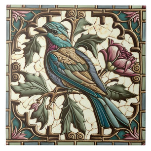 Teal Bird and Pink Blossom Art Nouveau Tile