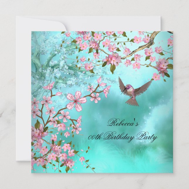 Teal Bird Pink Asian Blossom Birthday Party Invitation (Front)