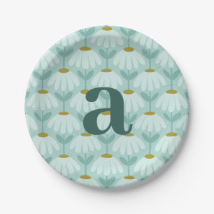 Teal Birthday Monogram Daisies Floral Pattern Paper Plate