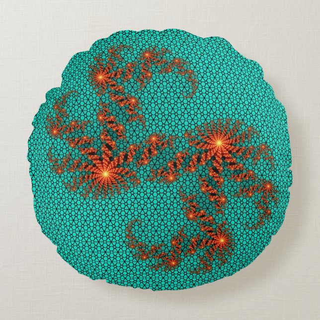 Teal Black Abstract Mandala Pattern Round Pillow (Front)