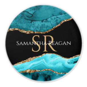 Teal, Black and Gold Agate, DIY Name & Monogram Ceramic Knob