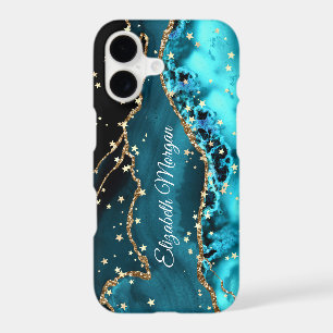 Teal, Black and Gold Agate, Large Gold Stars, Name
