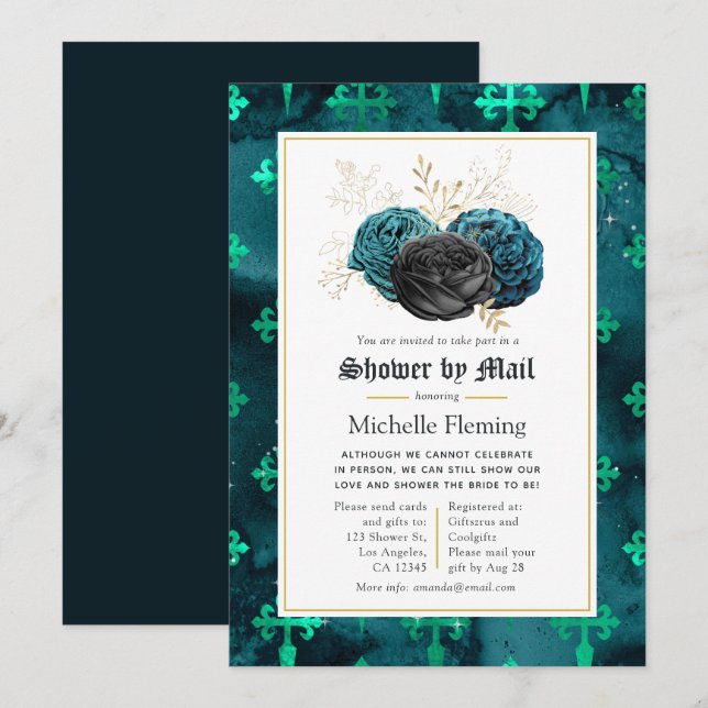 Teal, Black and Gold Floral Bridal Shower by Mail Invitation (Front/Back)