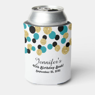 Teal, Black and Gold Glitter Confetti   40th Can Cooler