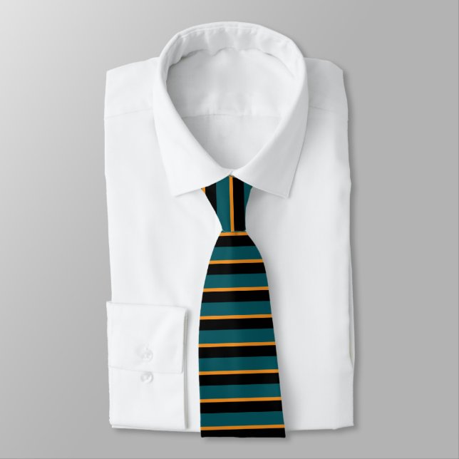 Teal Black and Gold Horizontally-Striped Tie (Tied)