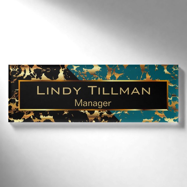Teal, Black and Gold Marble Name Tag (Front)