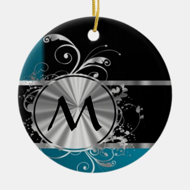 Teal black and silver monogram ceramic ornament (Front)