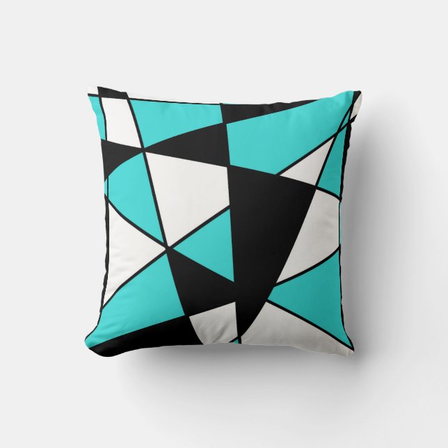 Teal Black and White Modern Geometric Pattern Throw Pillow (Front)