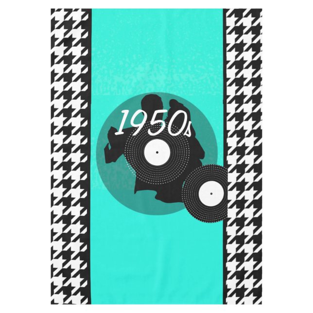 Teal, black, and white vintage chequered tablecloth (Front)